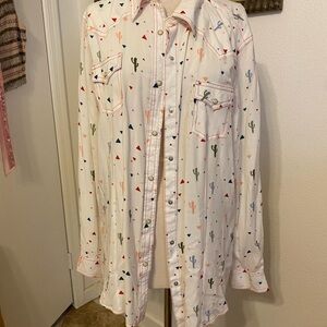 Wrangler White Button-Down Shirt with Multicolor Cactus Print
